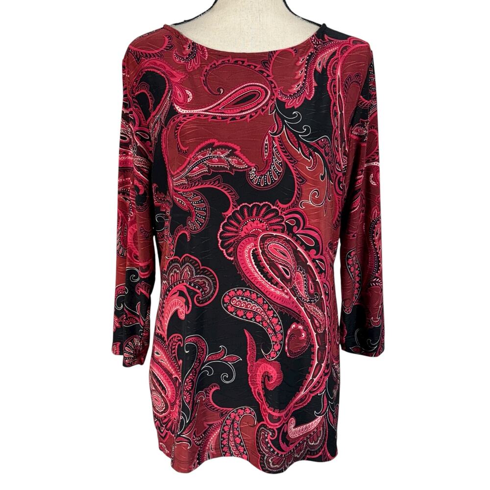 Croft & Barrow Large Jacquard Top Paisley 3/4 Sleeve Stretch Boat Neck Pullover